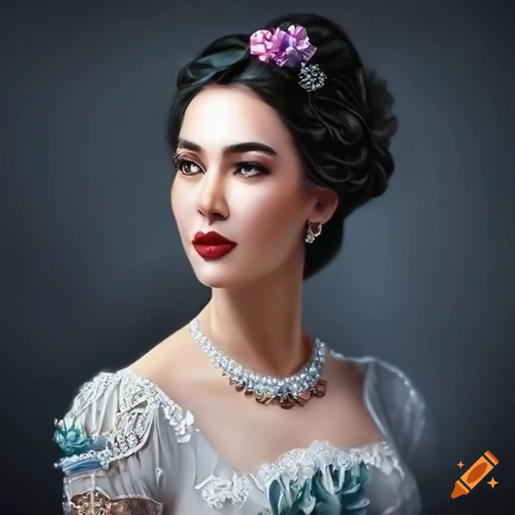 Hyper-realistic illustration of a victorian lady with jewelry on Craiyon