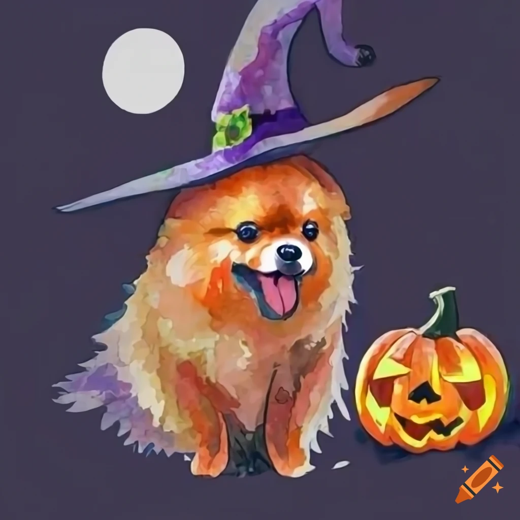 Pomeranian dog in a witch costume with a pumpkin on Craiyon