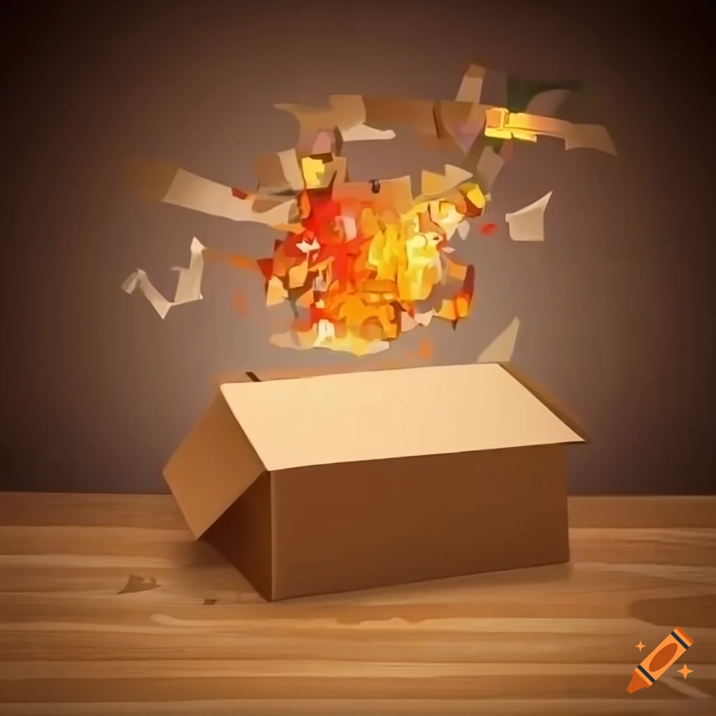 Board game pieces exploding out of a carton box on Craiyon