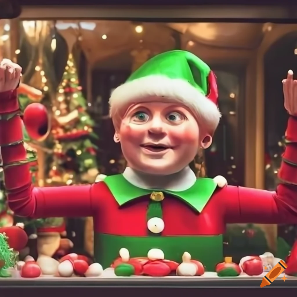 Christmas elf in harrods christmas shop window display on Craiyon