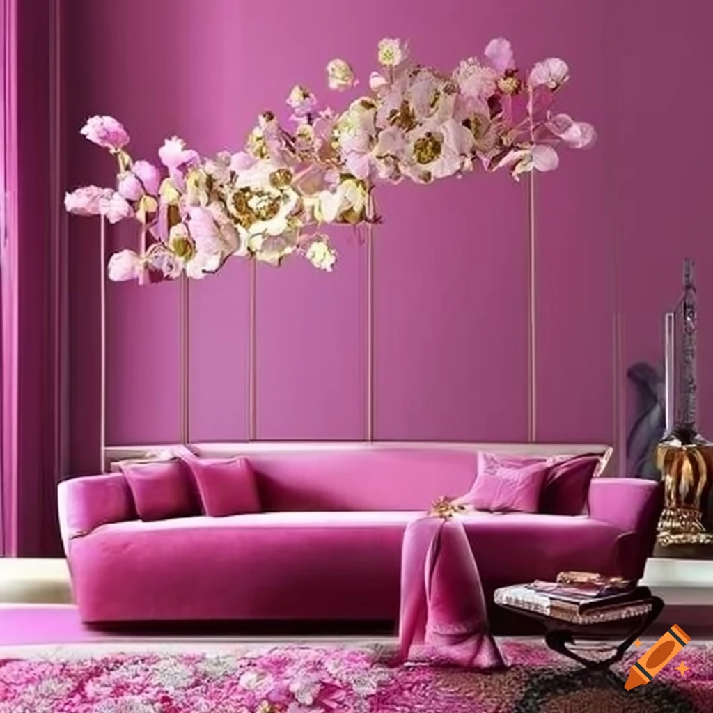 Luxurious pink art deco living room with floral accents