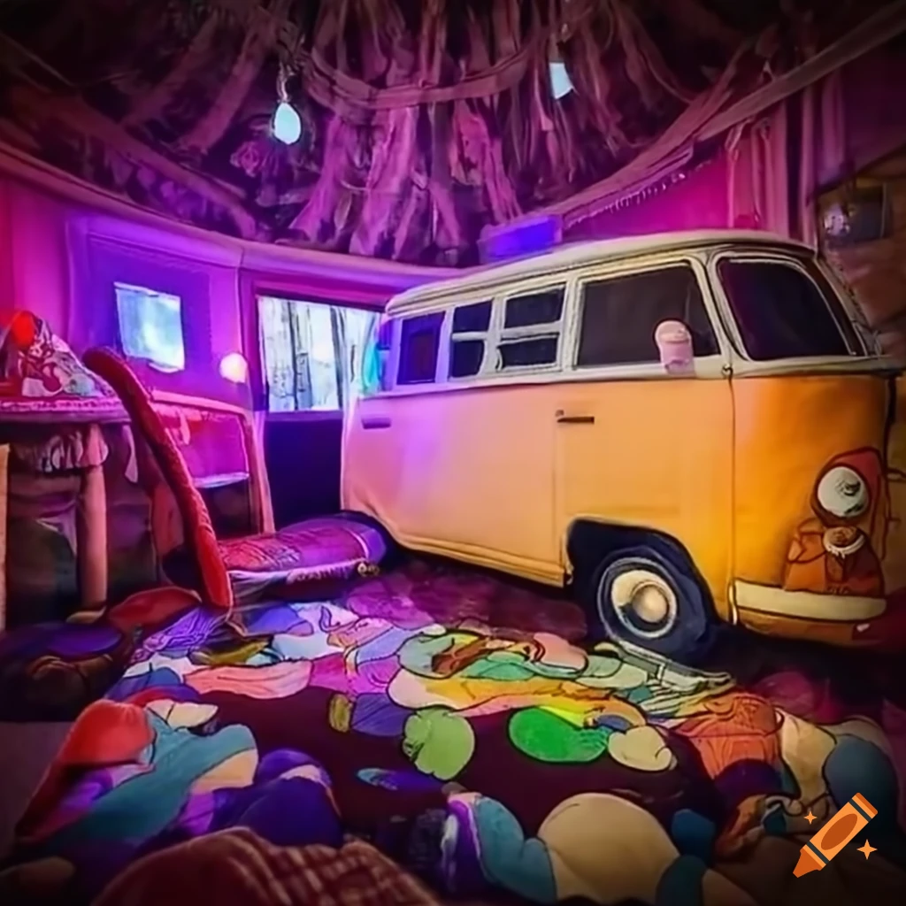 Retrostyle plushie of a hippie van on a lounge on Craiyon