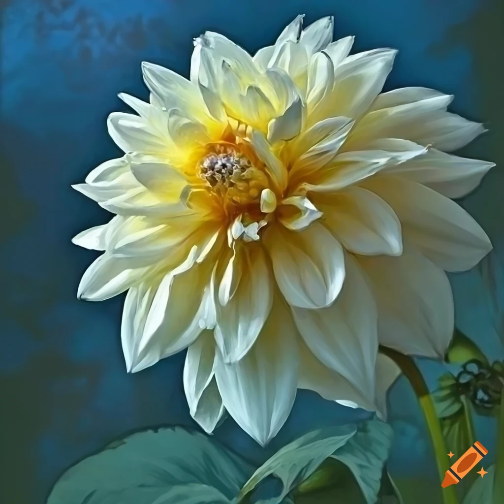 photo-realistic art nouveau style painting of a white dahlia