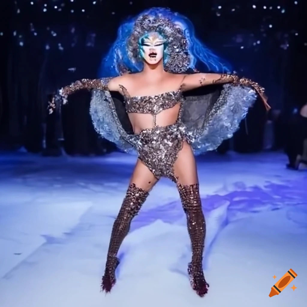 fierce Drag Queen strutting down a wintery runway