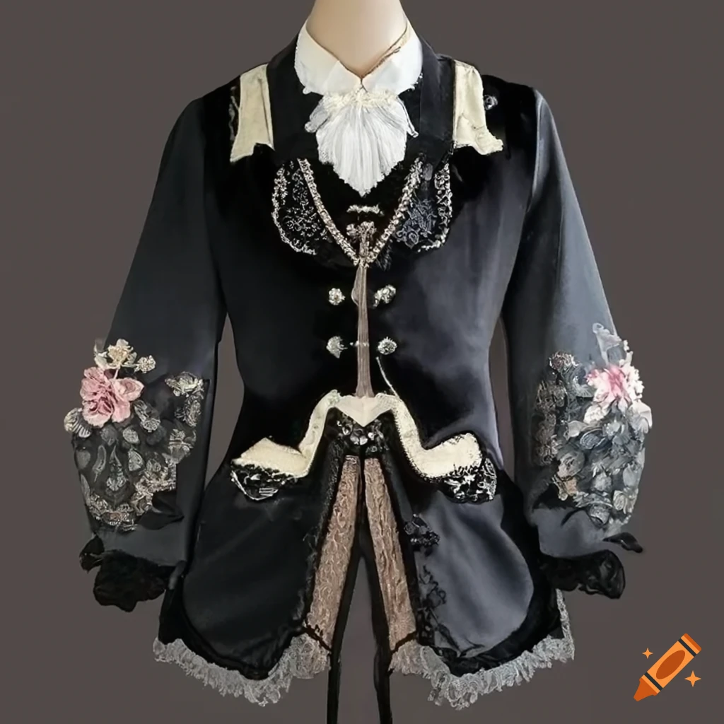 Black velvet Steampunk fashion tuxedo with floral embroidery 2977