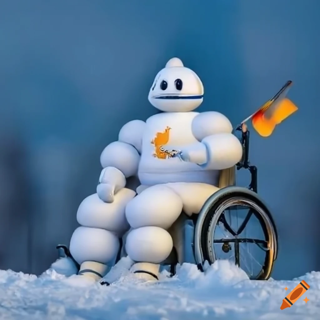 Michelin on a wheelchair in the snow