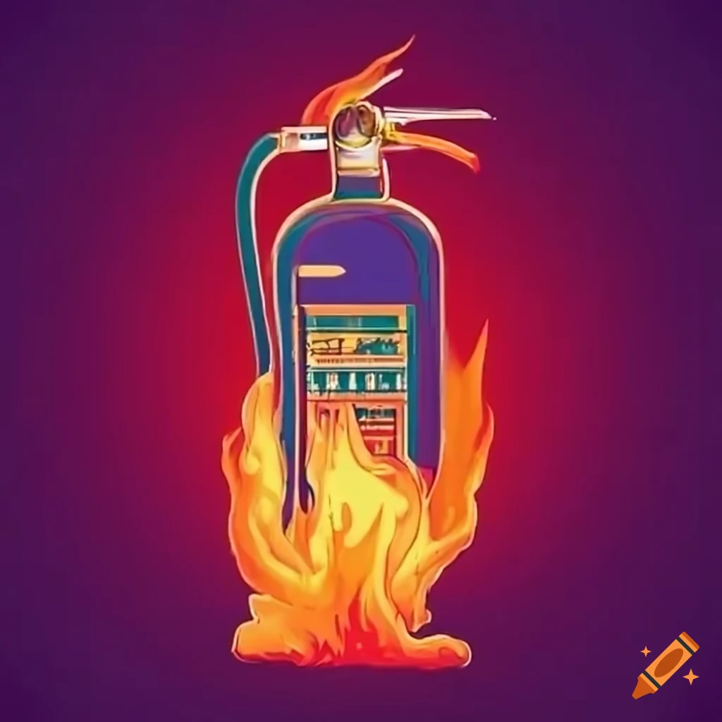 retrowave style image of a flaming fire extinguisher