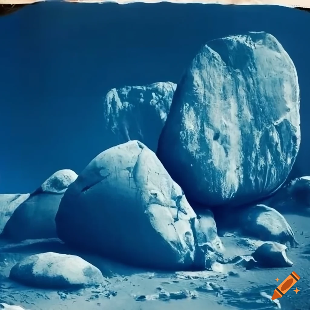 cyanotype of large boulders in a desert