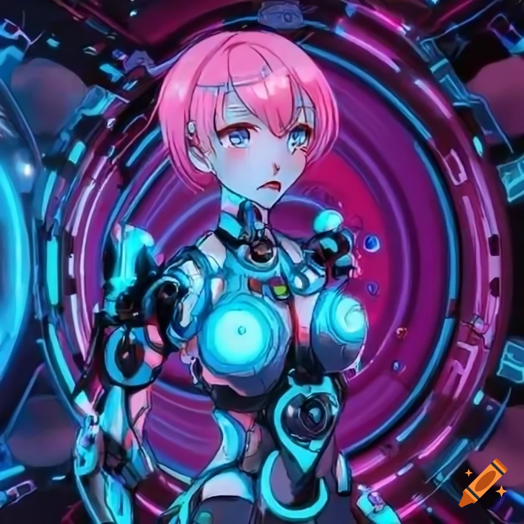Cyberpunk anime characters with blue hair and neon glow