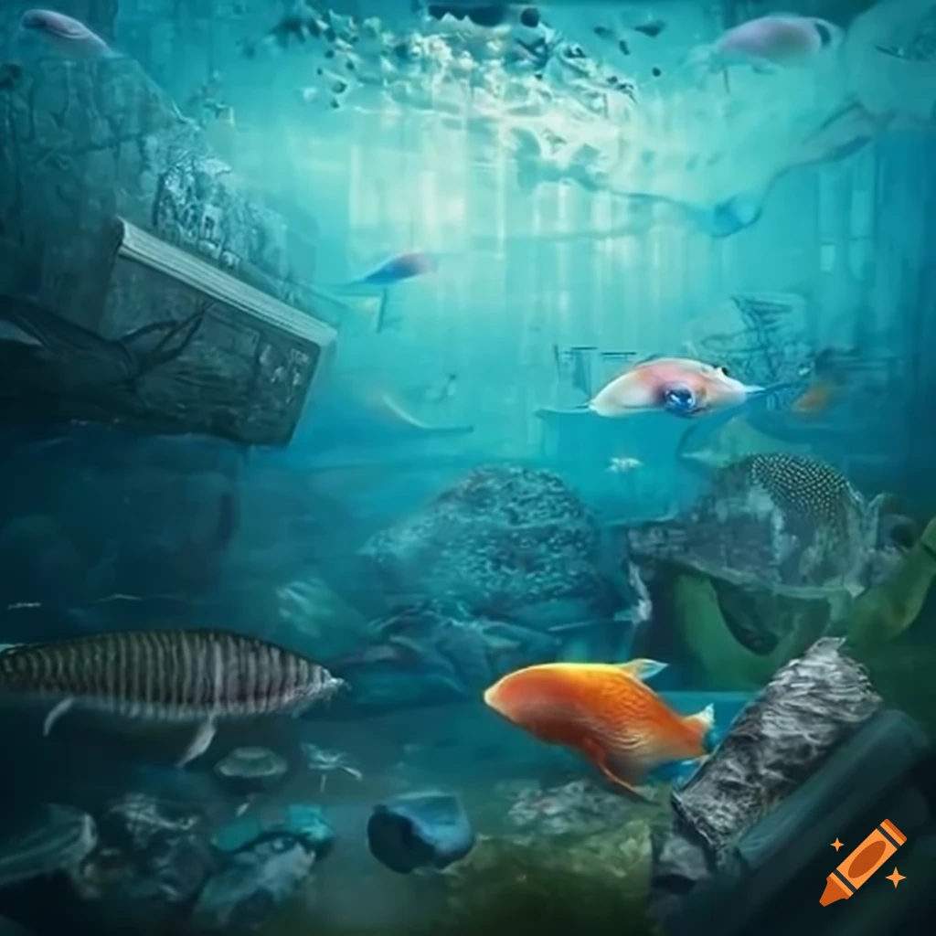 Hyper realistic artwork of underwater city with fish and plastic on Craiyon