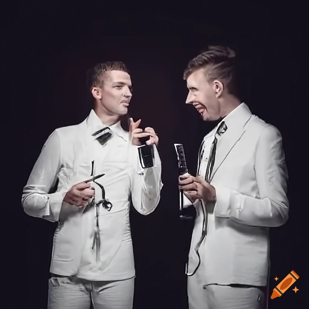 two men in white jackets talking with microphones