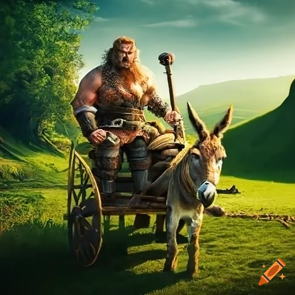Hobbit Barbarian driving a wooden wagon in the Shire