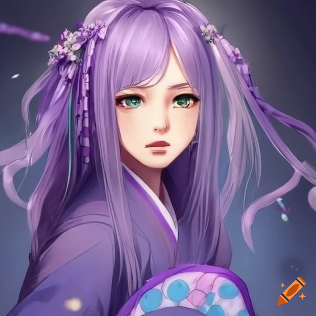 character design of an anime woman with lavender hair