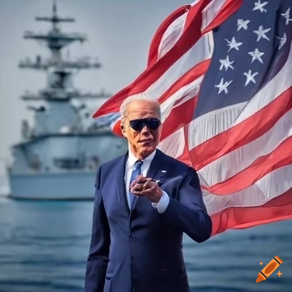 Joe Biden on a navy ship with sunglasses and American flag