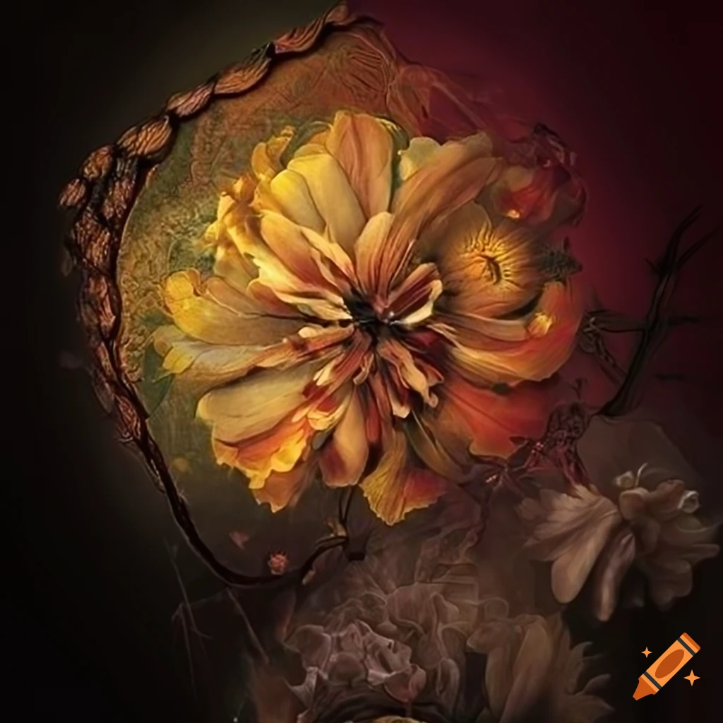 Artwork of dried flowers with burgundy, yellow ochre, and grey colors