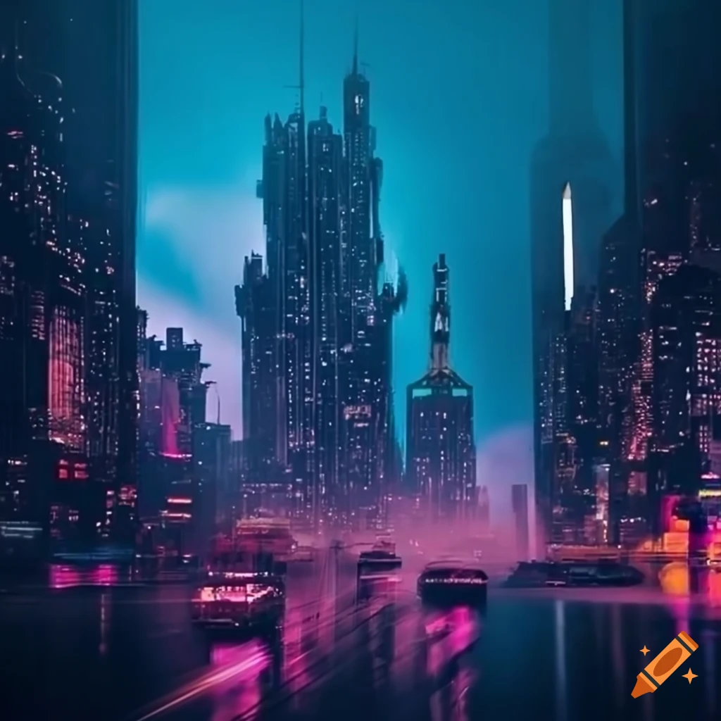 nighttime dystopian cityscape with flying vehicles