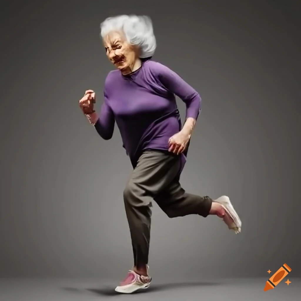 Elderly woman doing squats on a white background. The old lady is