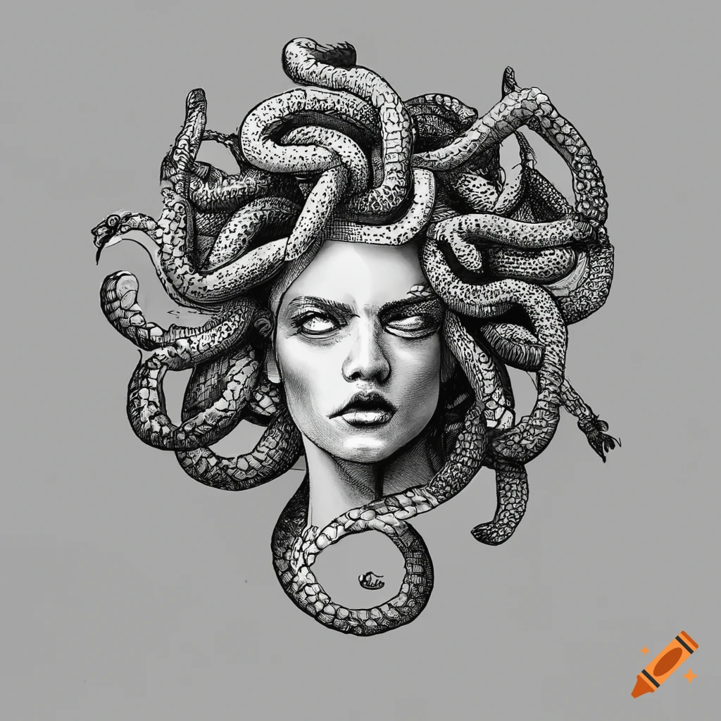 Intricate sketch of medusa with mesmerizing eyes and snake-like locks on  Craiyon