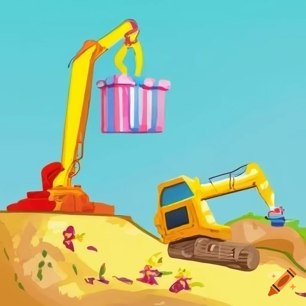 colorful illustration of an excavator lifting a gift