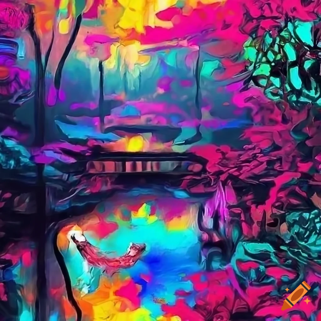 Japaneseinspired landscape with black panthers, tigers, and jaguars on