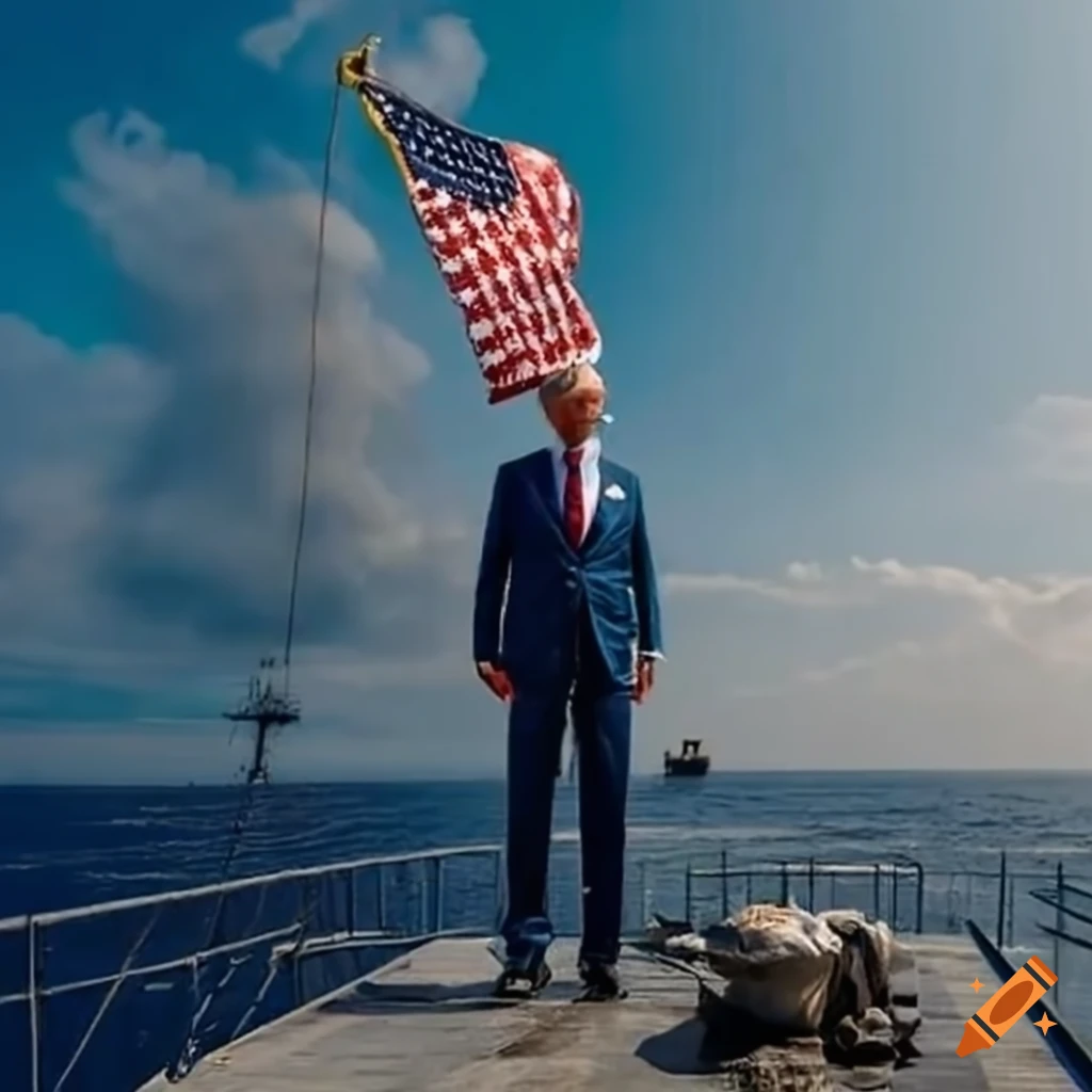 Joe Biden on a navy ship with sunglasses and American flag
