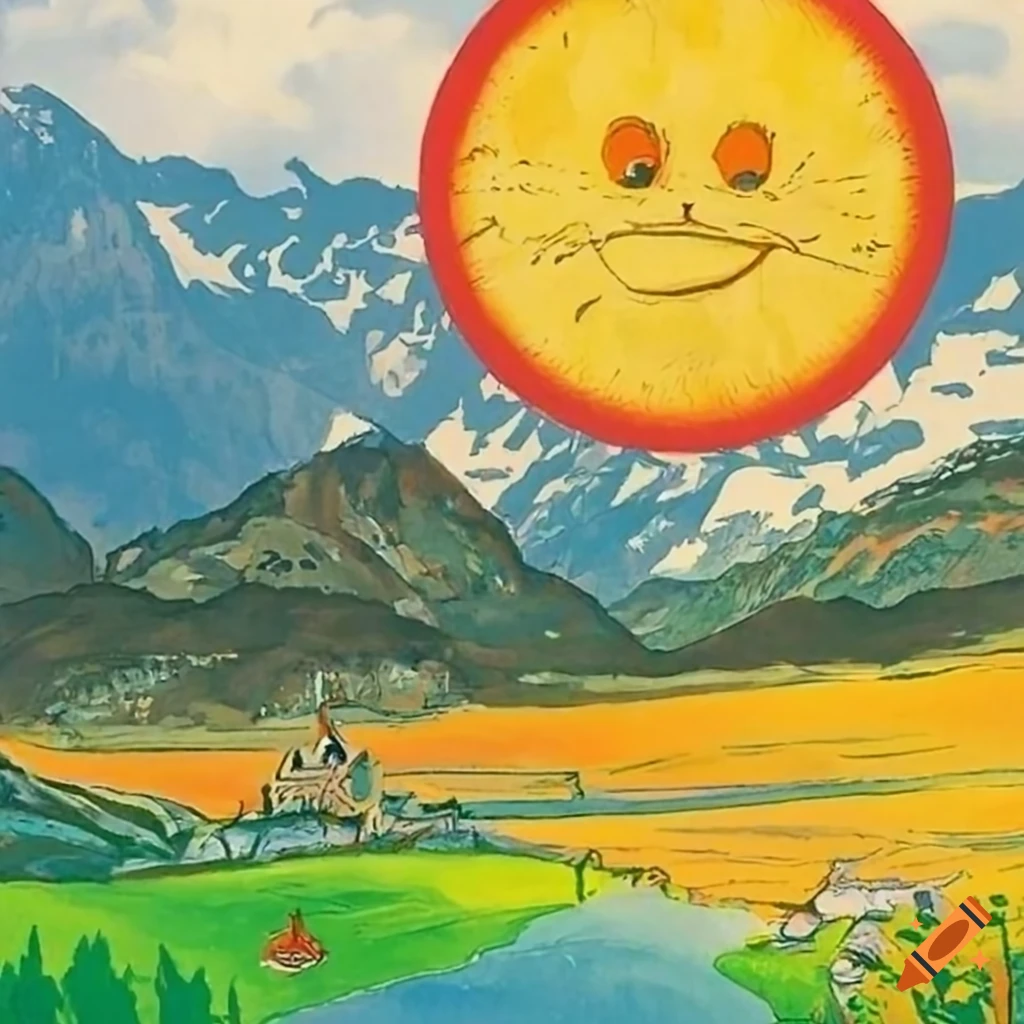 Swiss mountain valley from a cheerful villain graphic novel on Craiyon