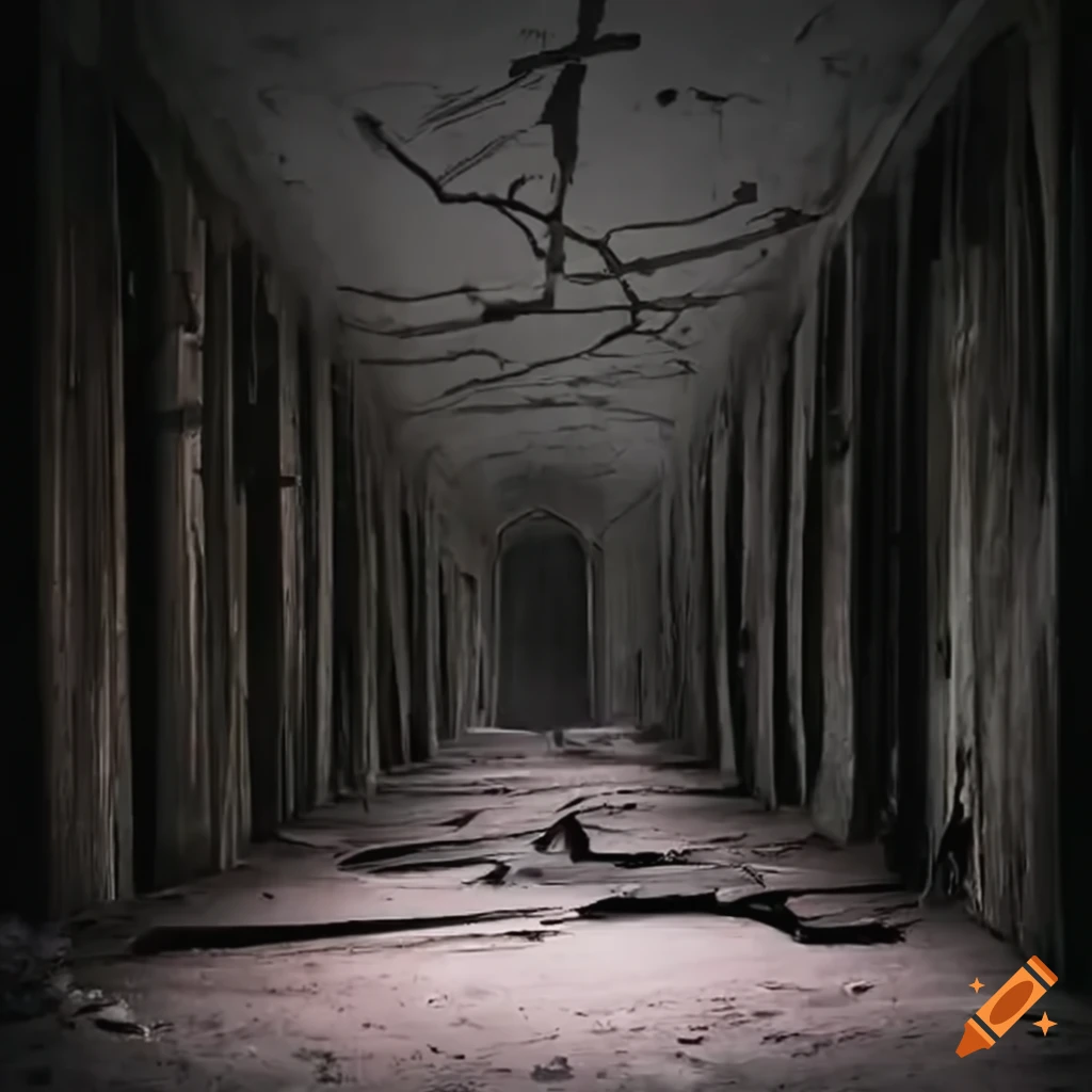 image of a long dark corridor with debris