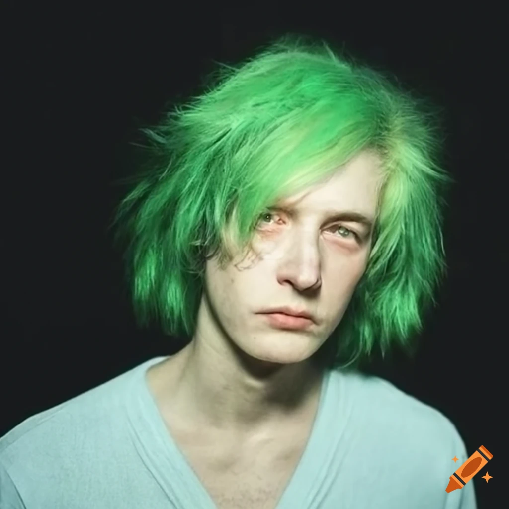 portrait of a man with green hair and a monstrous appearance