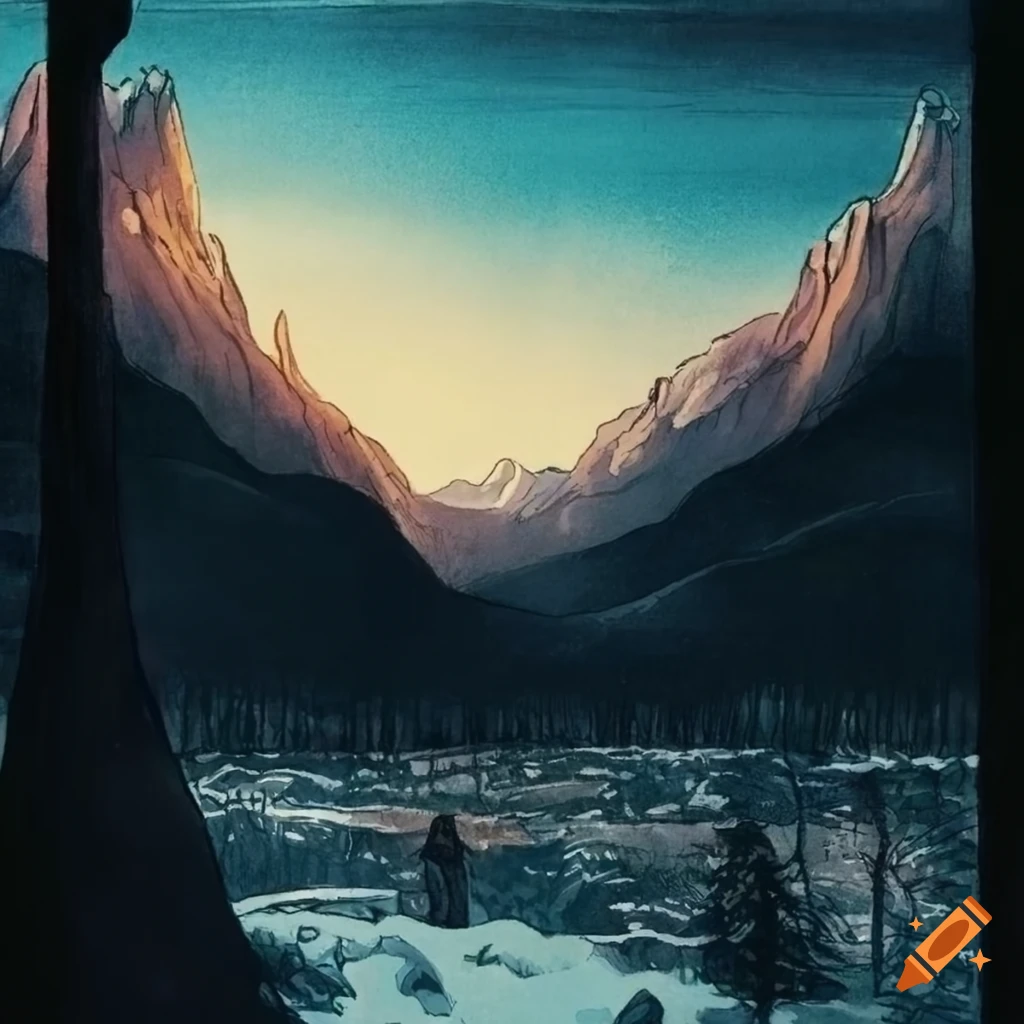 illustration of a mountain valley from a graphic novel