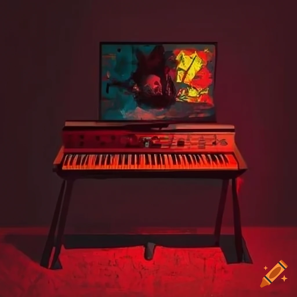 Synthesizer in a red room with pop art decoration on Craiyon