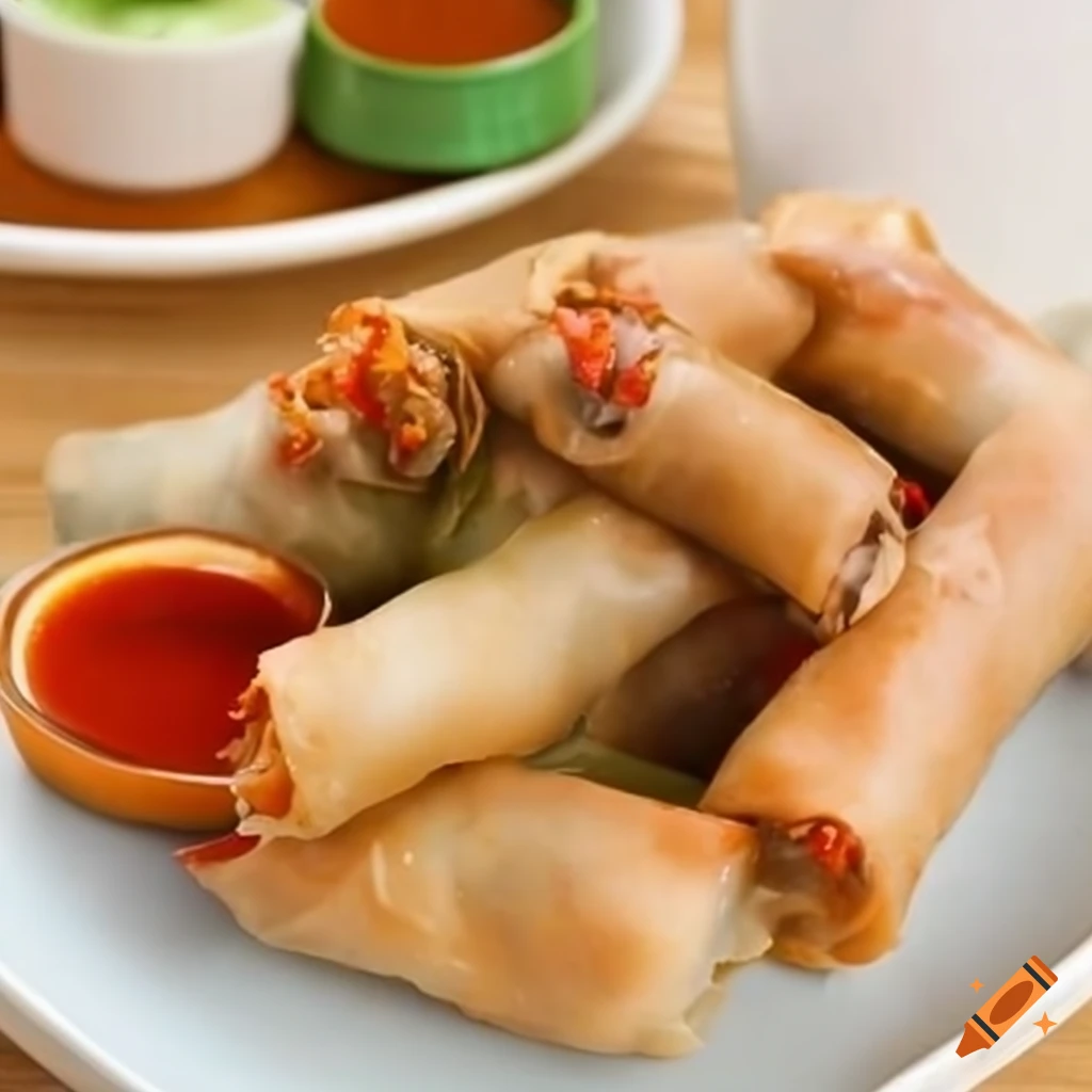 plate of delicious spring rolls with dipping sauce