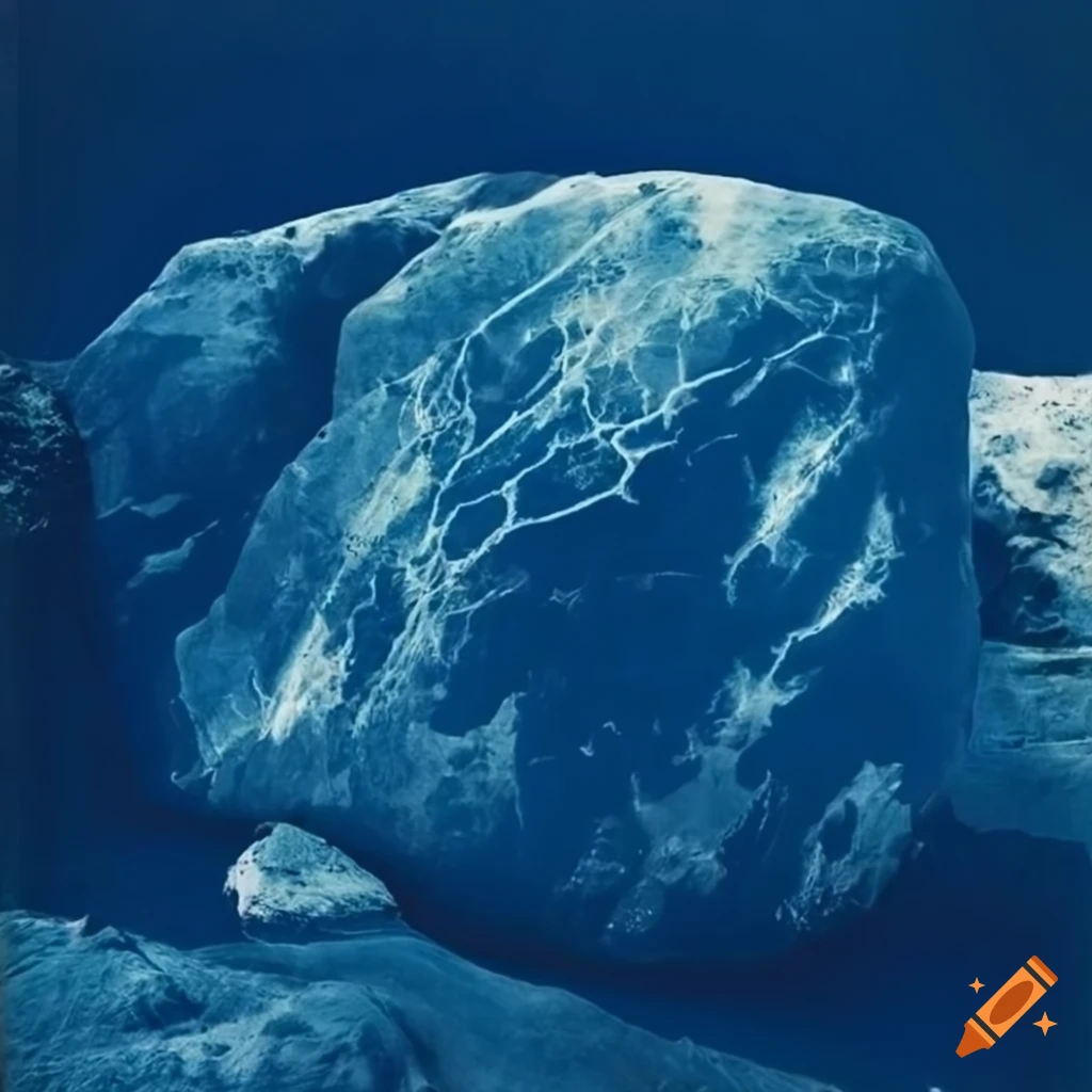 cyanotype of large boulders in a desert