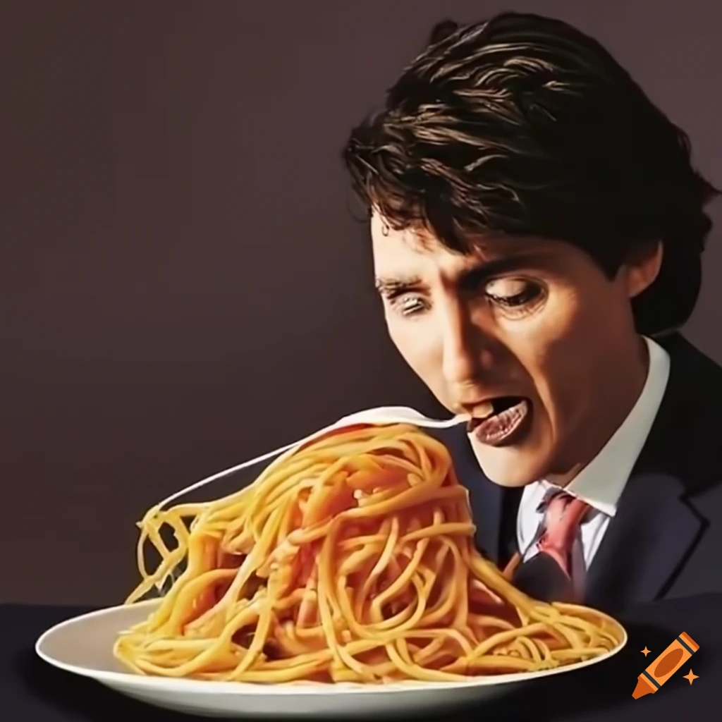 Cross eyed politician eating and munching on spaghetti, happy, happy