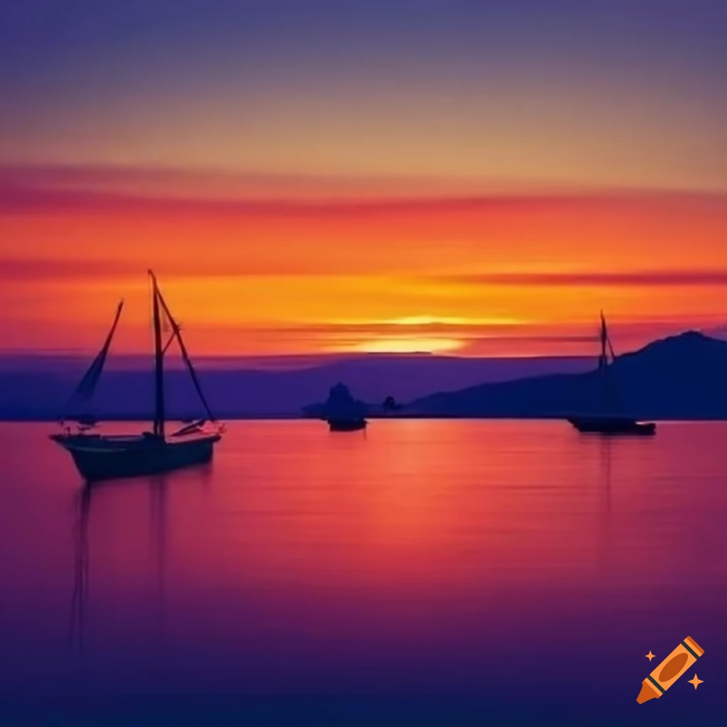 sunset with boats sailing on the ocean