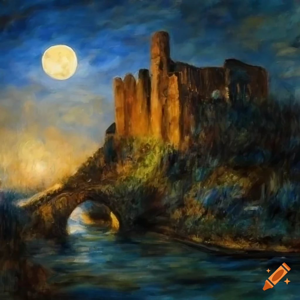 Oil painting of a castle ruins at night with full moon