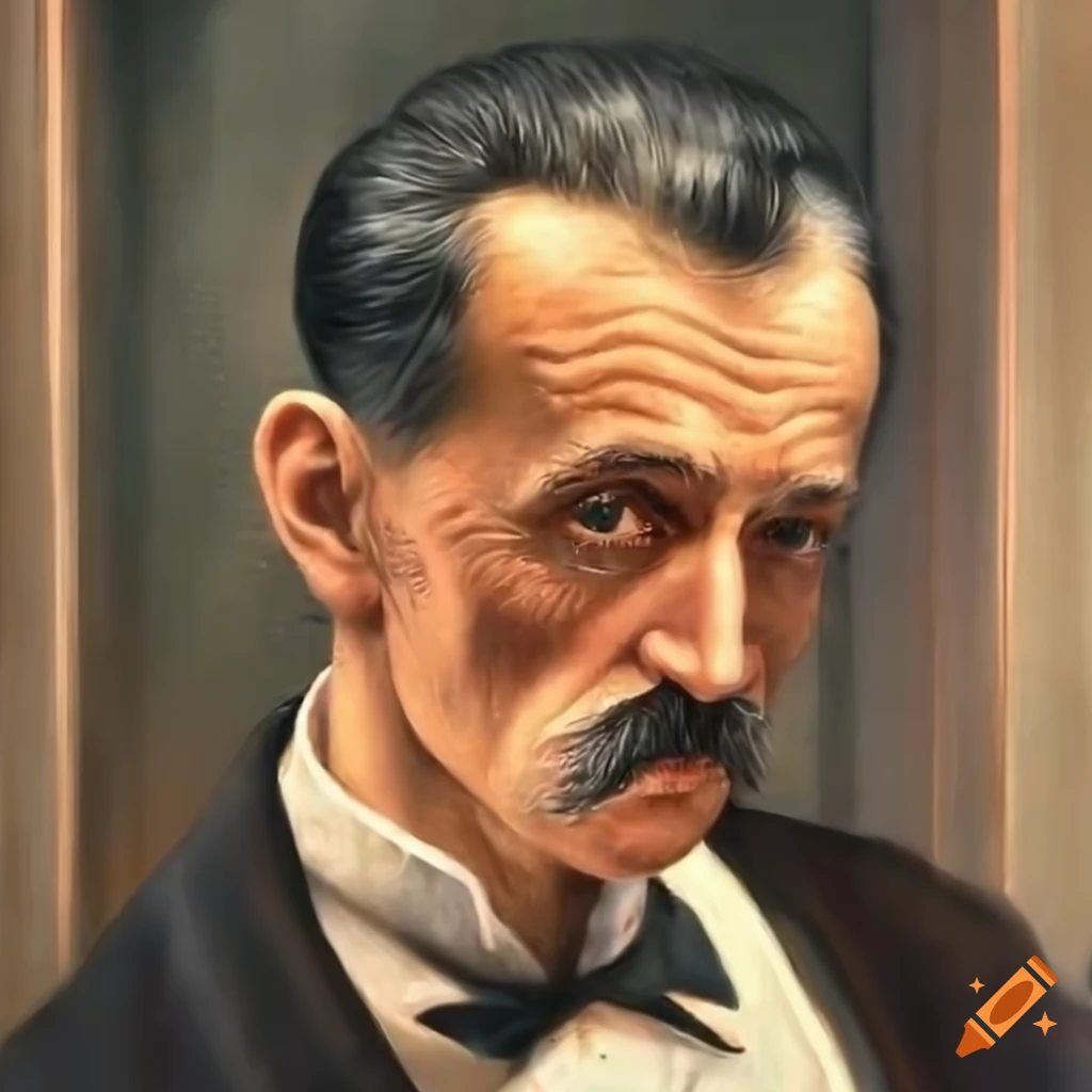 painting of a middle-aged French waiter in a bistro