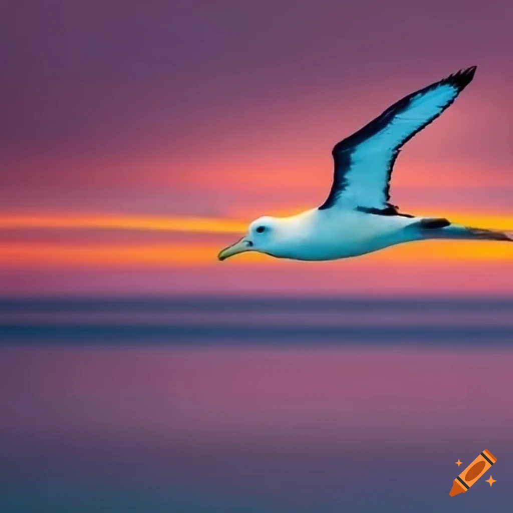 Albatross flying in colorful sunrise sky