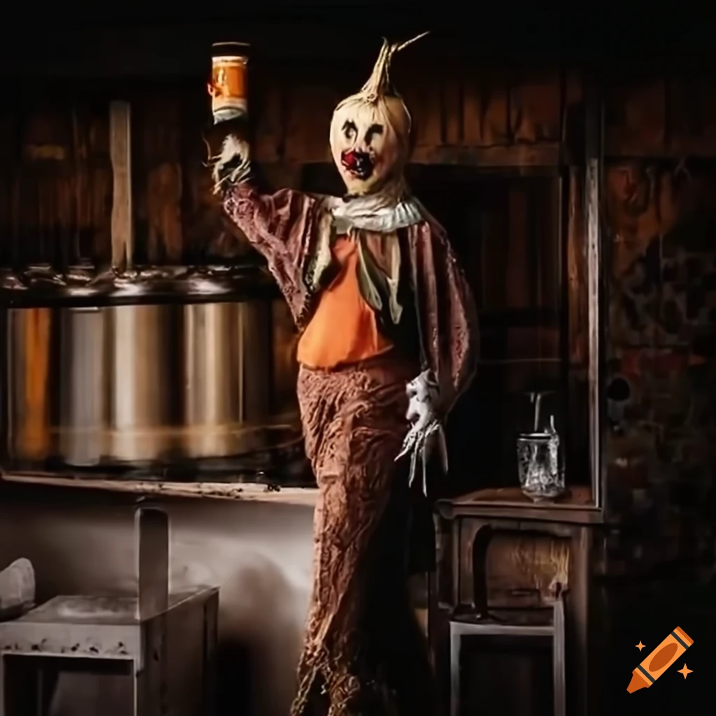 scary scarecrow with a pumpkin head holding a beer glass