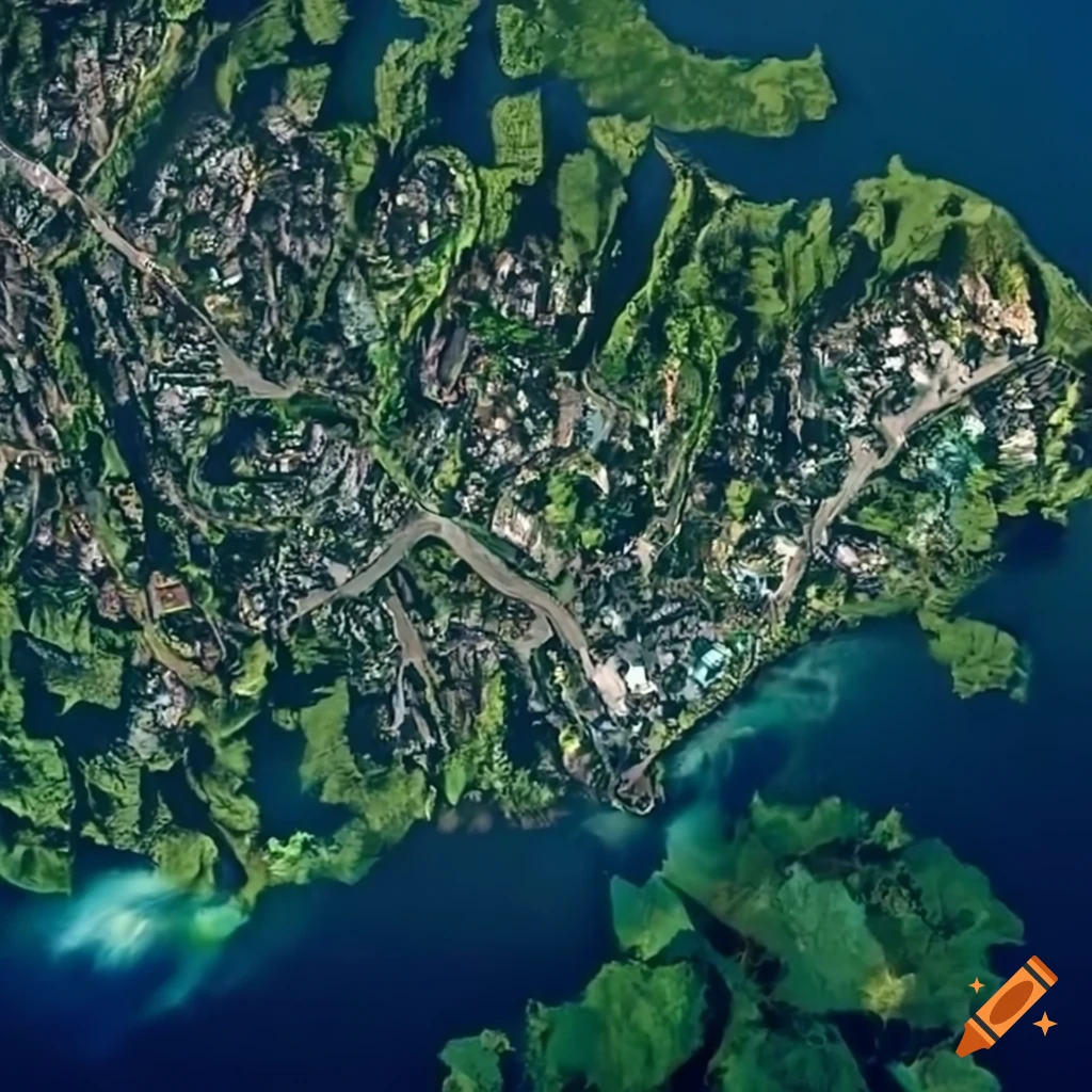 Aerial view of a town surrounded by woods and a river