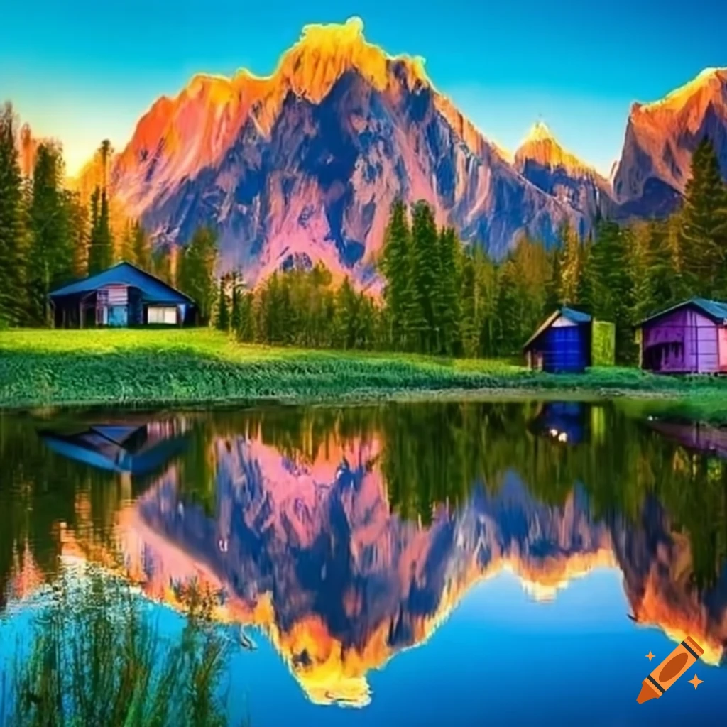 colorful huts reflecting in a pond