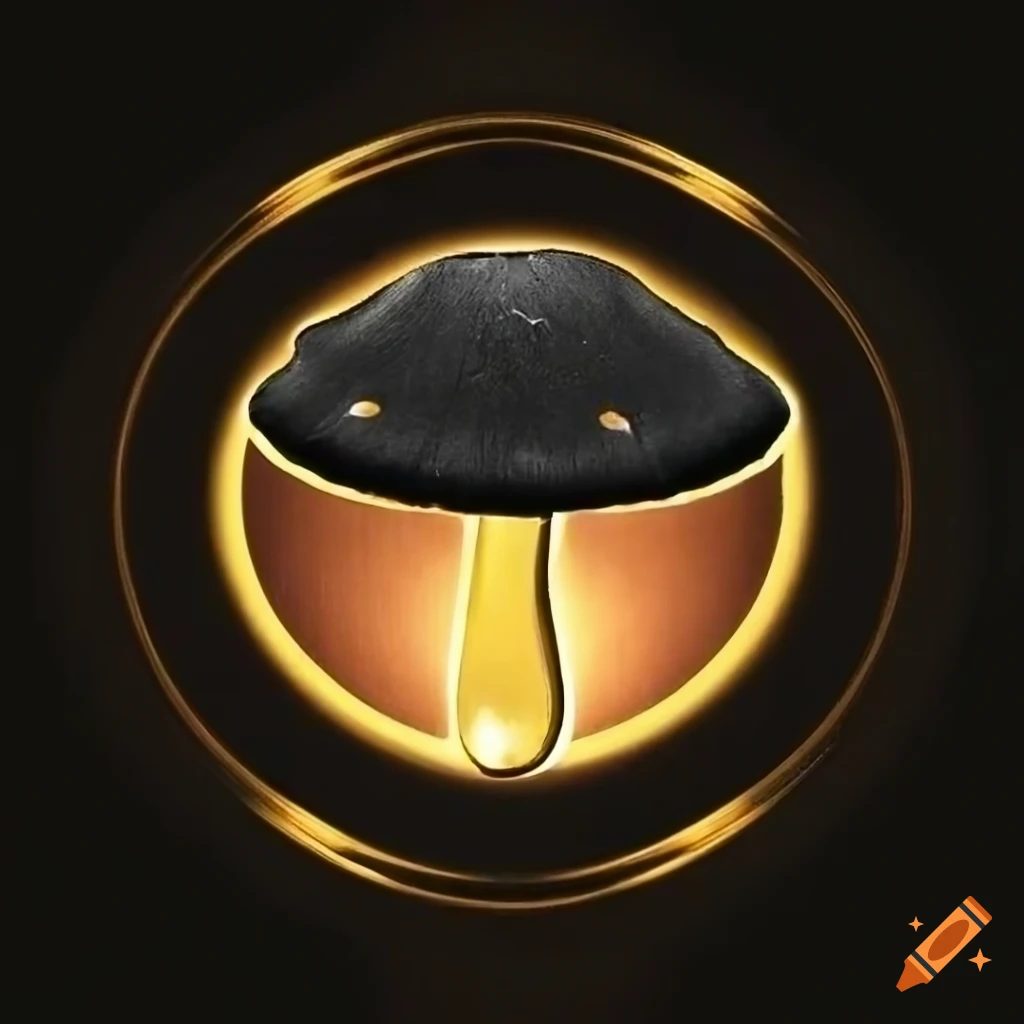 luxurious and elegant logo design with black and golden mushroom inside a golden lightning bolt circle