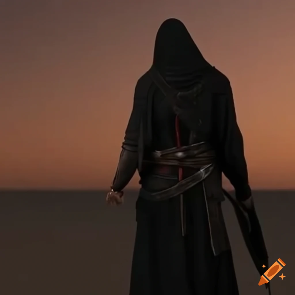 Arabic assassin in black robe in the desert