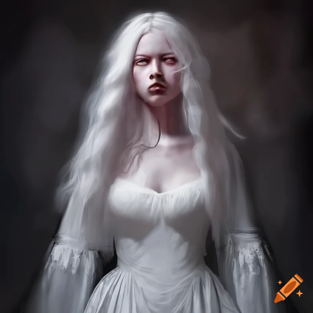 albino woman in white medieval gown