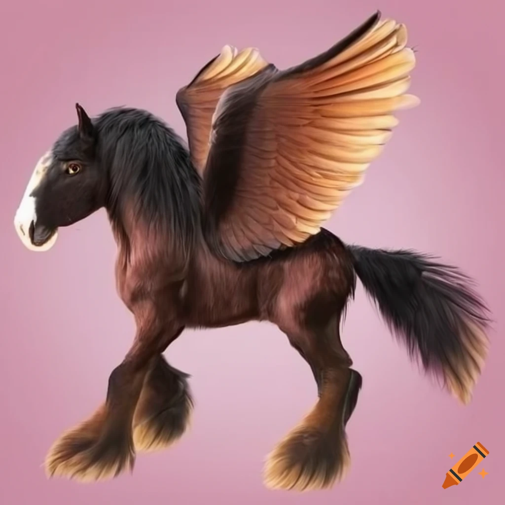black and white Shire Pegasus with brown wings