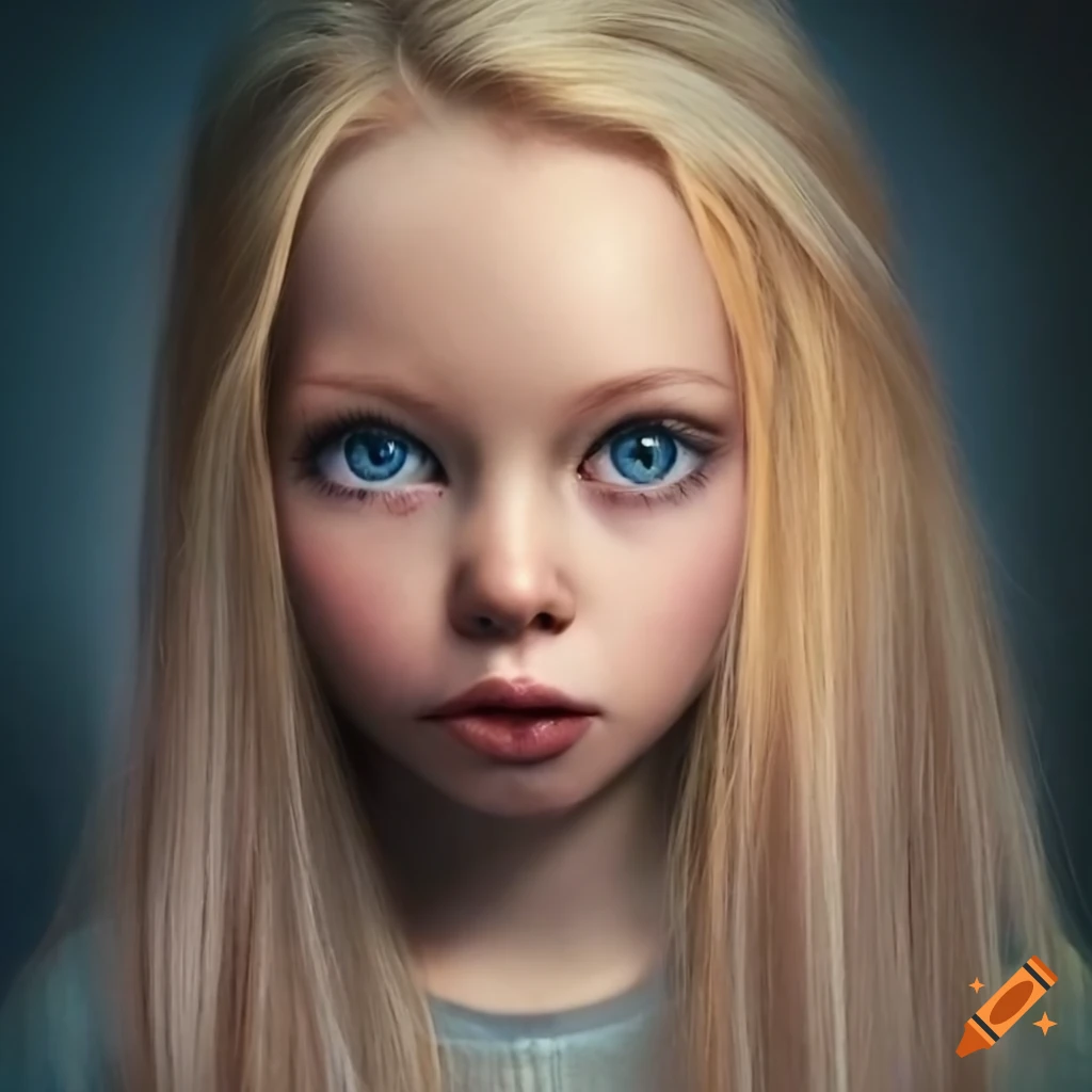 Girl with pale blonde hair and natural beauty with big eyes sitting in the  park on Craiyon
