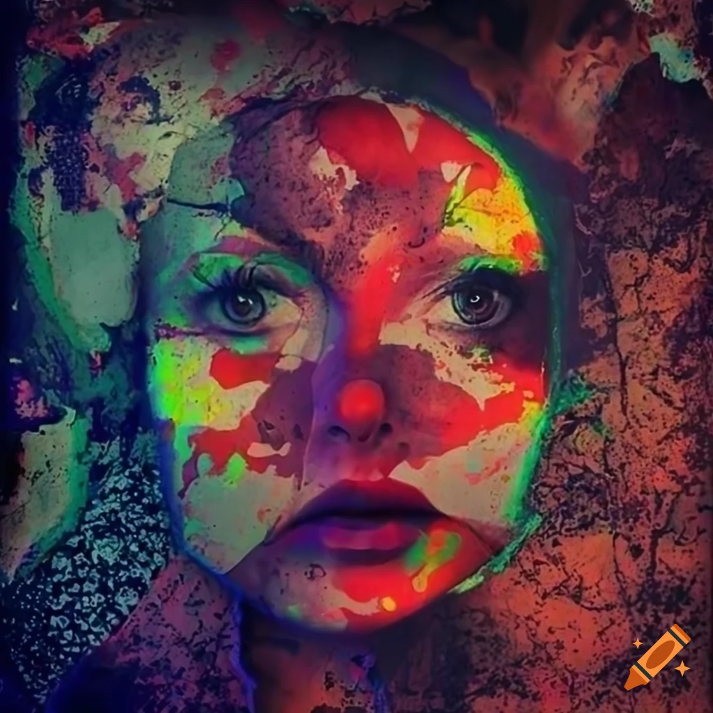 surreal photomanipulation of a female face with intricate textures and diagonal splashes of ink