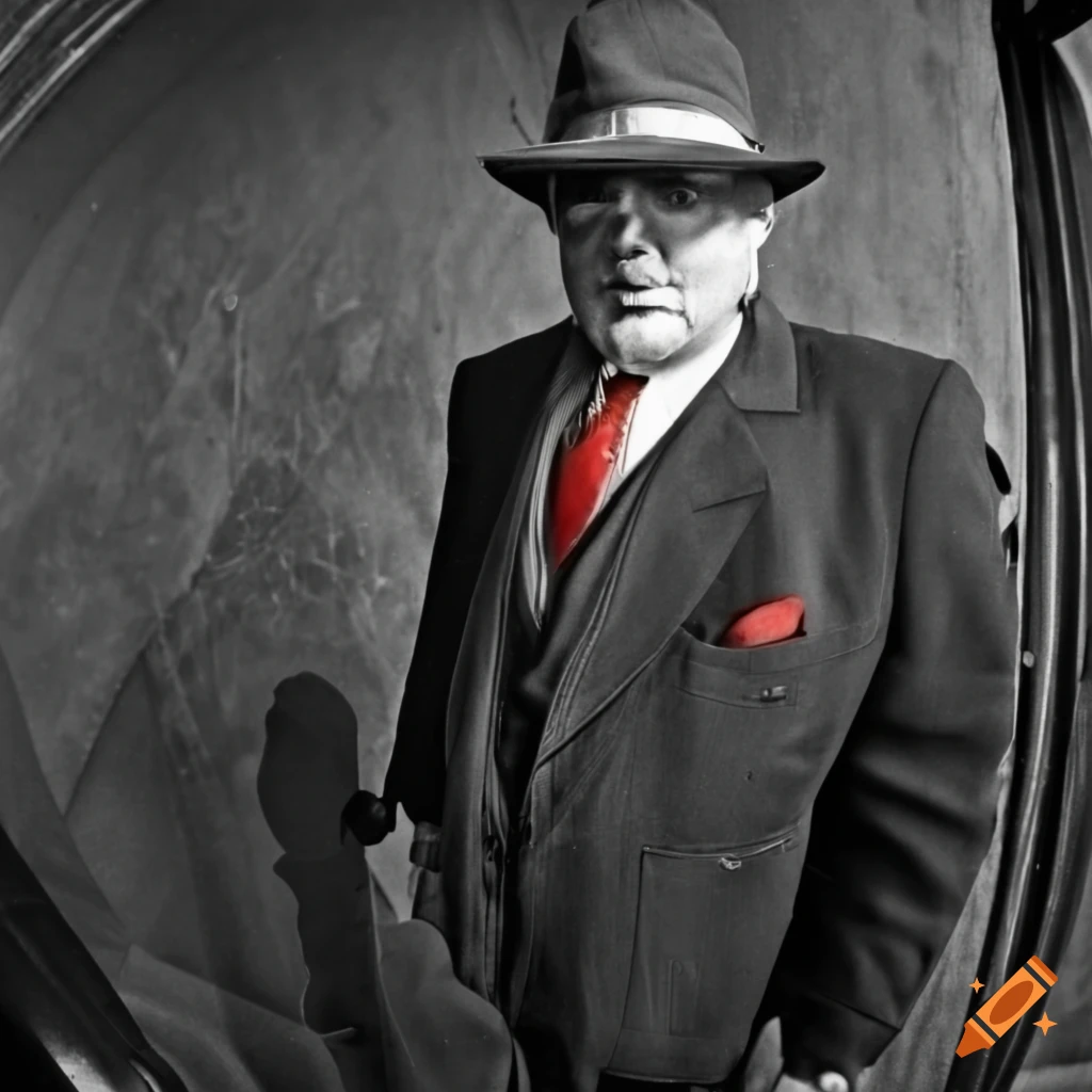 black and white photo of a mafia man with a Thompson machine gun