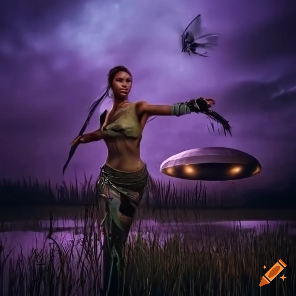magazine cover of a green-skinned movie star as a warrior woman with a flying saucer and crashed spacecraft
