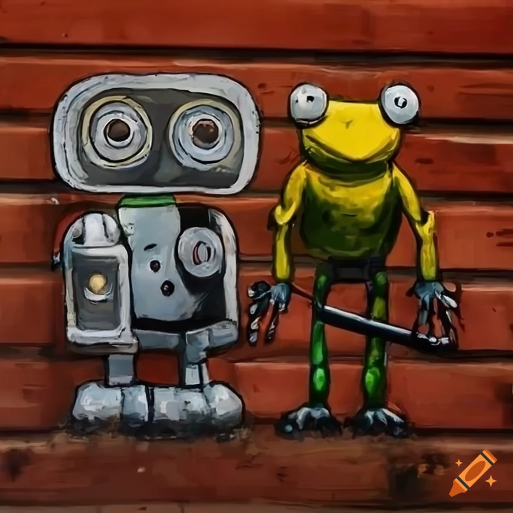 Painted sign of a frog and robot for a pub on Craiyon
