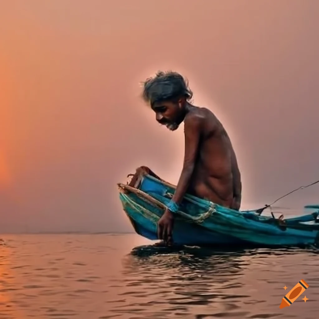 portrait of a sad Indian fisherman on a boat